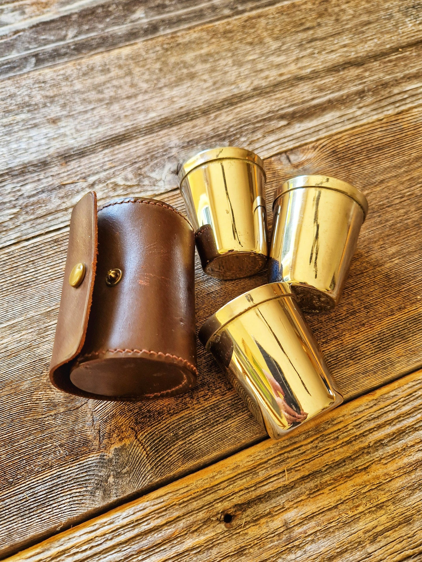3 English Stirrup Cups in Brown Leather Case