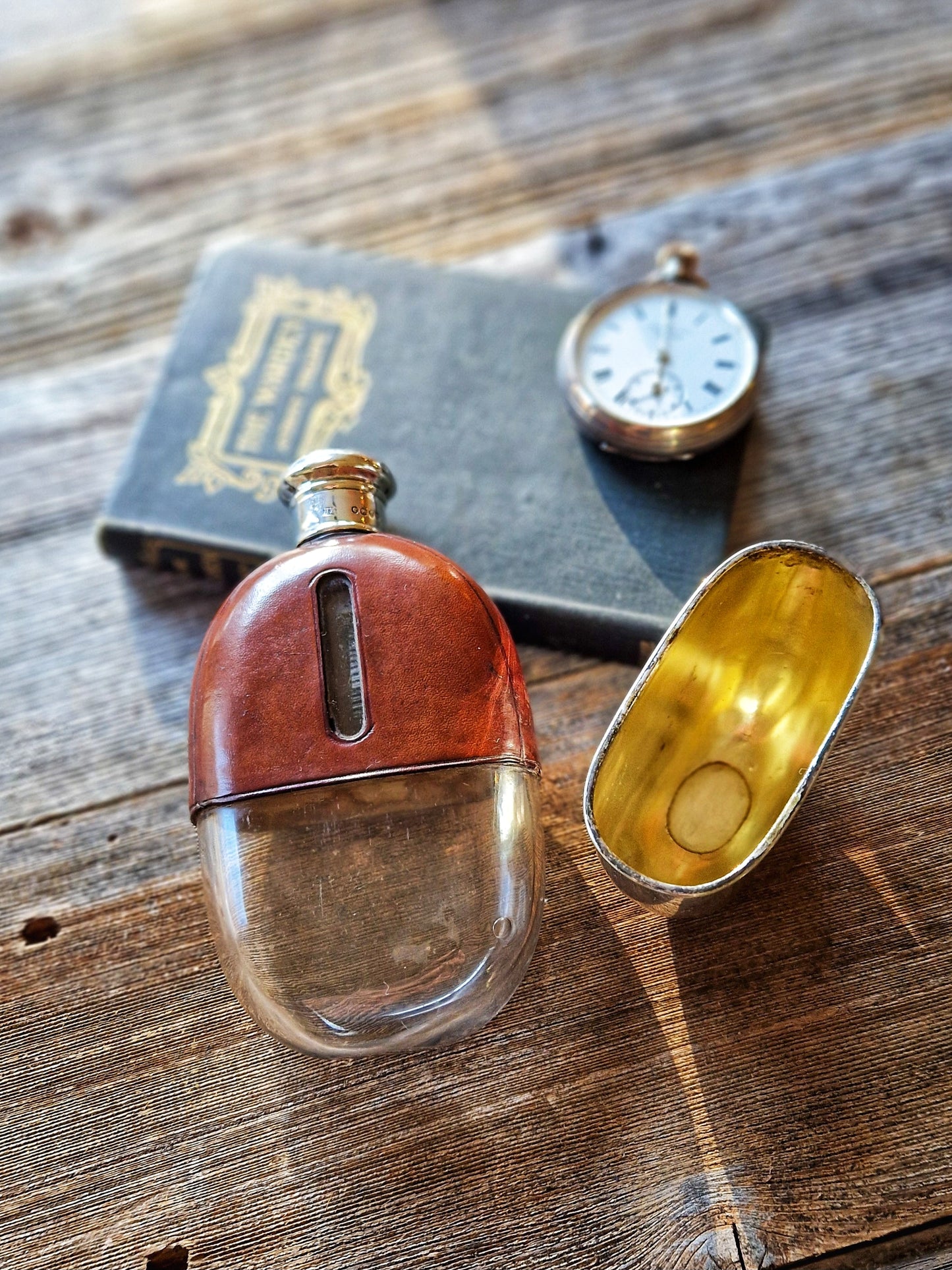 Distinguished 1877 Leather & Silver Hip Flask