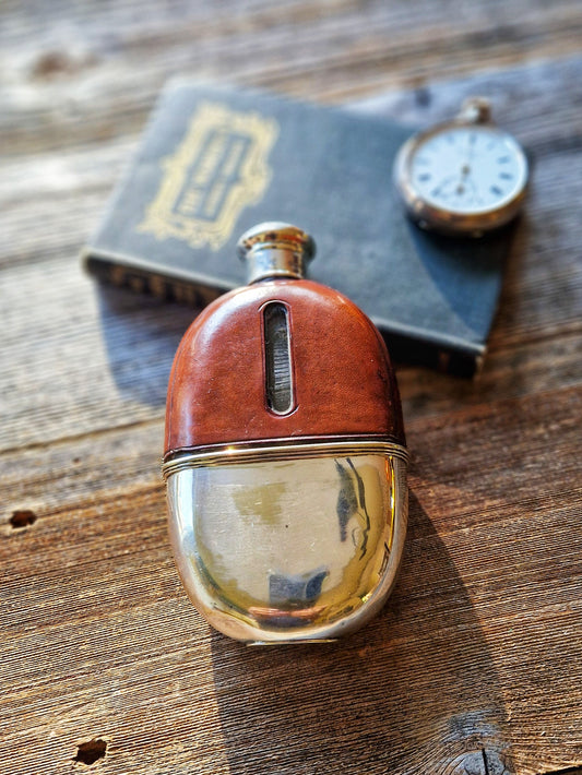 Distinguished 1877 Leather & Silver Hip Flask