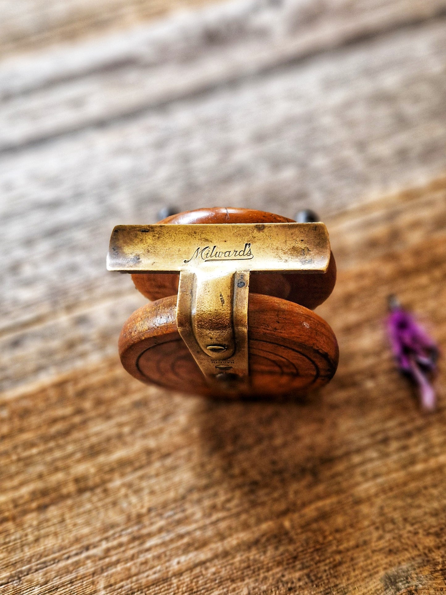 Handsome Milwards 2-1/2 inch Nottingham-Style Wood & Brass Fishing Reel