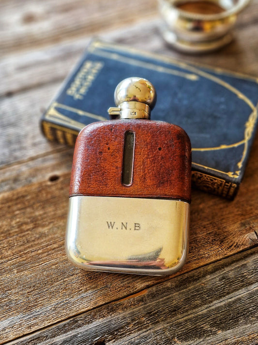 Splendid Large James Dixon & Sons Leather & Silver Plate Hip Flask c. 1930s