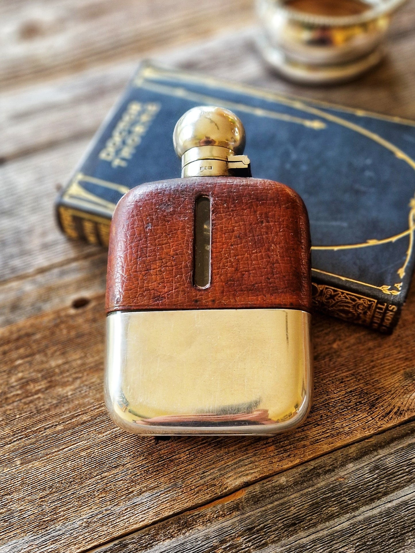 Splendid Large James Dixon & Sons Leather & Silver Plate Hip Flask c. 1930s