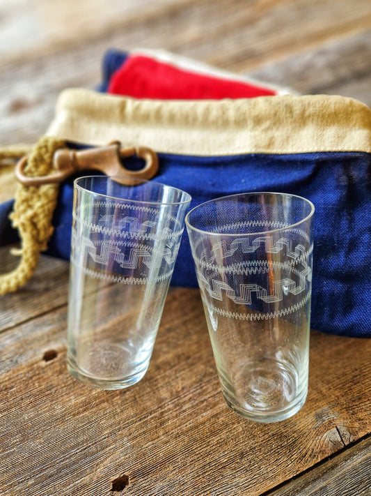 Pair of Etched Edwardian Glass Tumblers | Greek Key & Wave Design, Elegant Antique Barware 