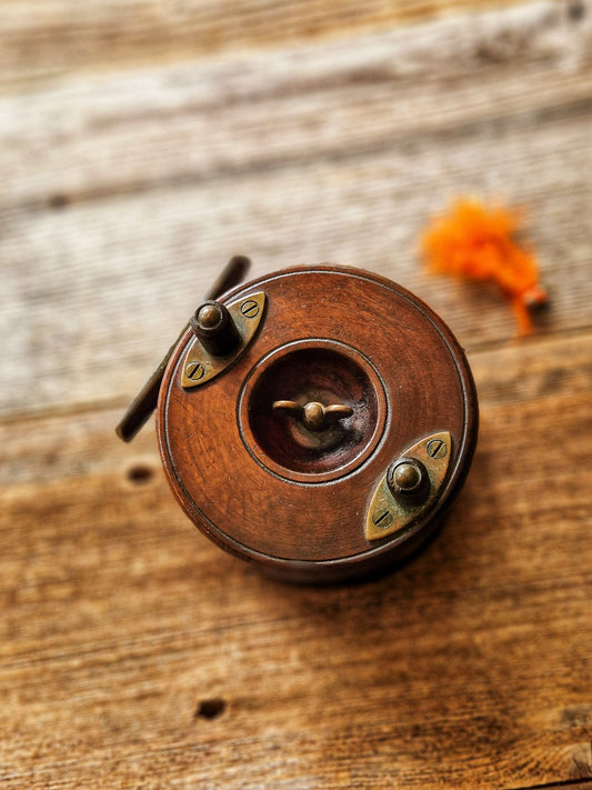 Striking Early 1900s Nottingham Fishing Reel | 3-1/2-inch Vintage Wood & Brass Reel