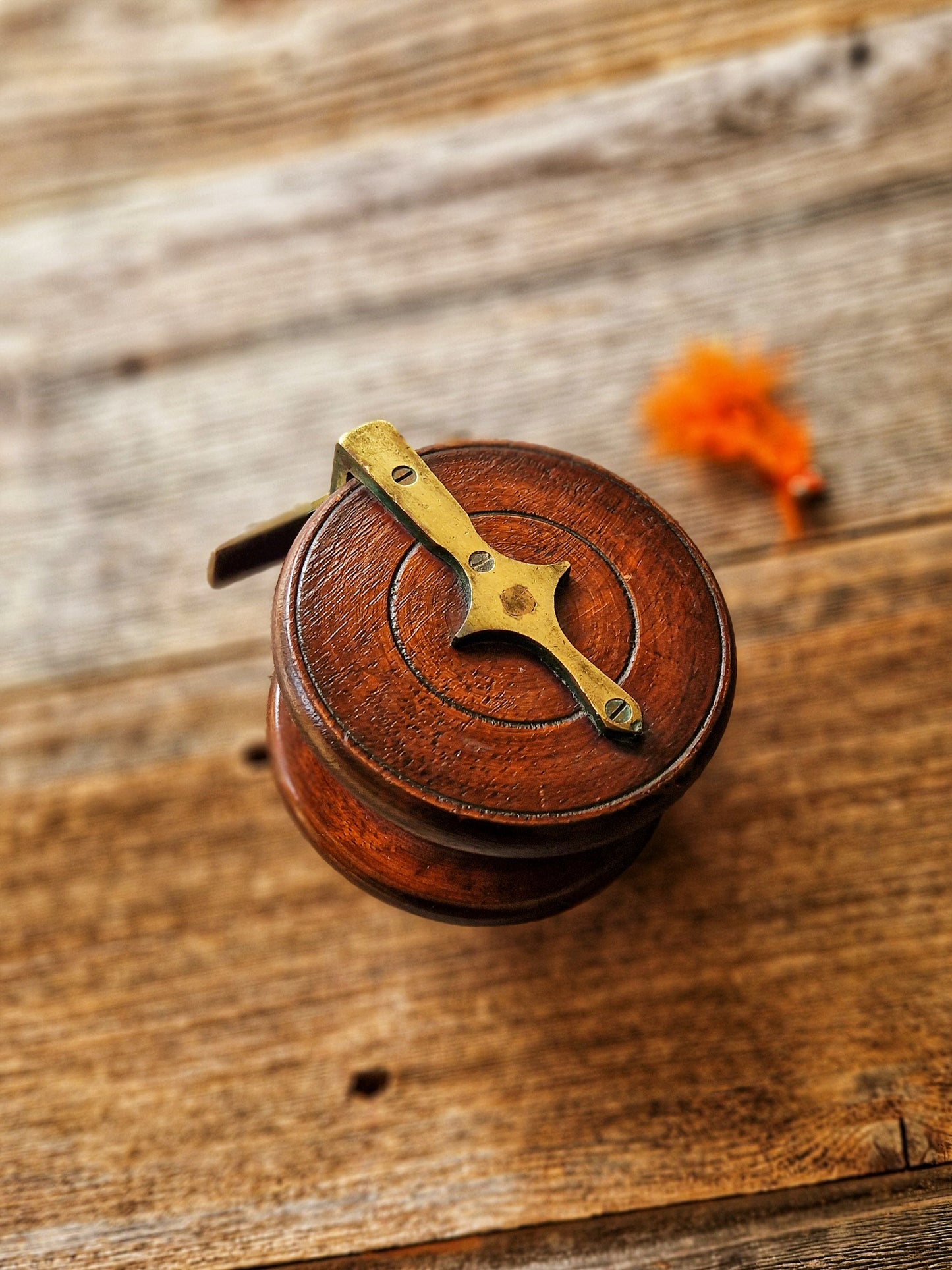Striking Early 1900s Nottingham Fishing Reel | 3-1/2-inch Vintage Wood & Brass Reel