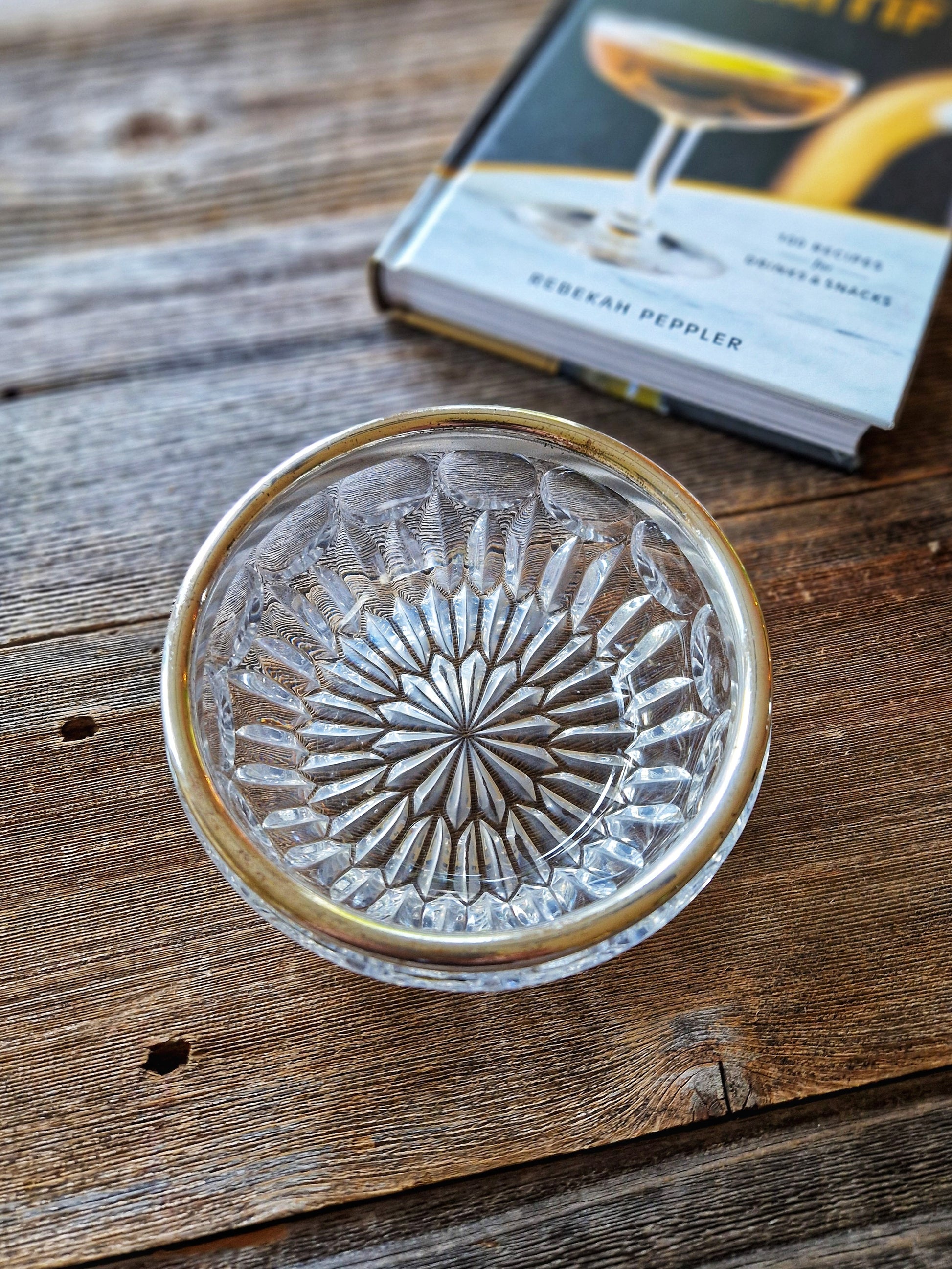Mid-Century Crystal Bowl with Silver Plate Rim | Vintage Bar Accessory 