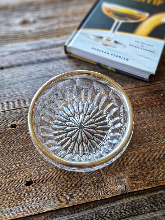 Mid-Century Crystal Bowl with Silver Plate Rim | Vintage Bar Accessory 