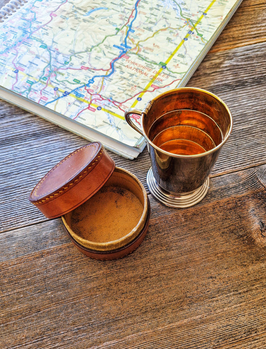 Stylish Chrome Collapsible Travel Cup with Leather Case | Vintage Gentleman’s Accessory