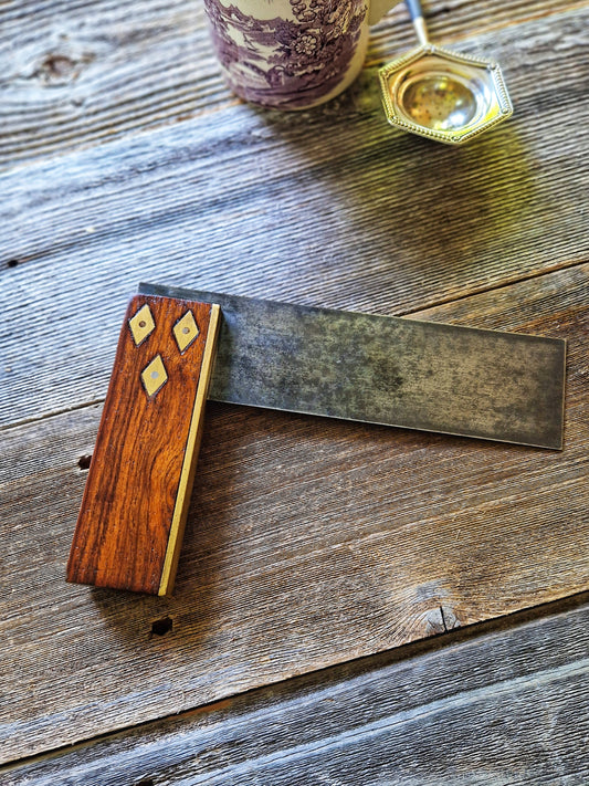 
English Wood & Brass Try Square with Rosewood Handle & Diamond Inlays | Vintage Woodworking Tool from Early 1900s