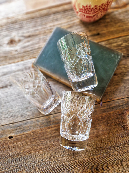 Set of 3 Royal Doulton Prince Charles Cut Crystal Tumblers | Vintage 3-3/4” Whiskey Glasses