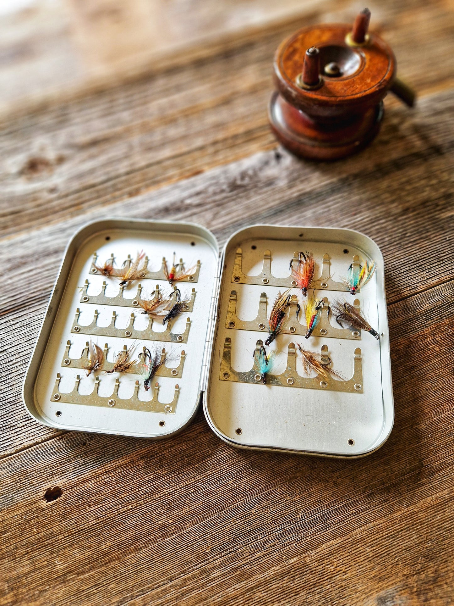 Collectible Wheatley Fly Box with 15 Trout & Salmon Flies | Vintage Mid-Century Silmalloy Clip Case