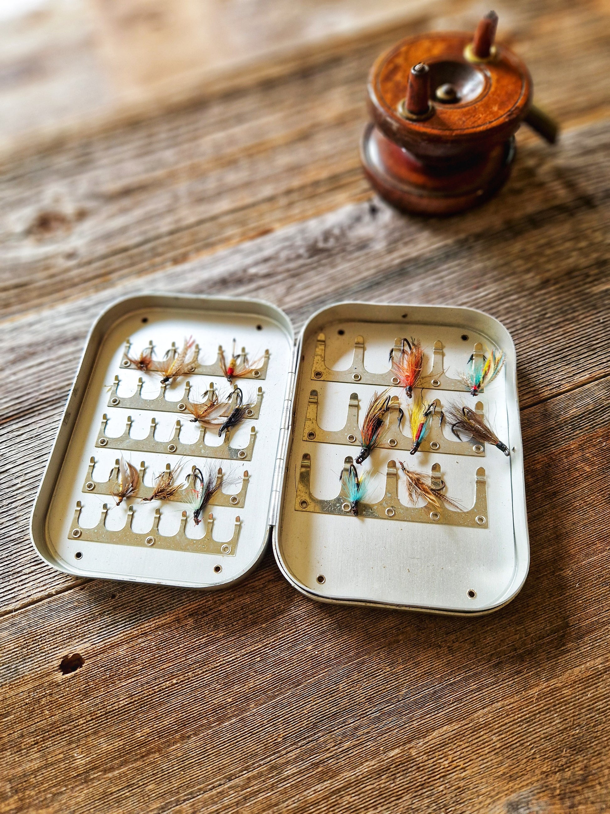 Collectible Wheatley Fly Box with 15 Trout & Salmon Flies | Vintage Mid-Century Silmalloy Clip Case