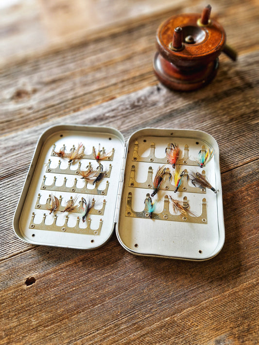 Collectible Wheatley Fly Box with 15 Trout & Salmon Flies | Vintage Mid-Century Silmalloy Clip Case