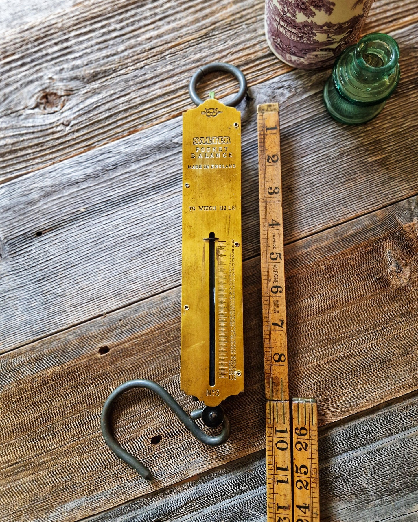 Sturdy Salter Pocket Balance Scale, 112 lb. No. 3 Model | Brass Face with Mint Green Backplate