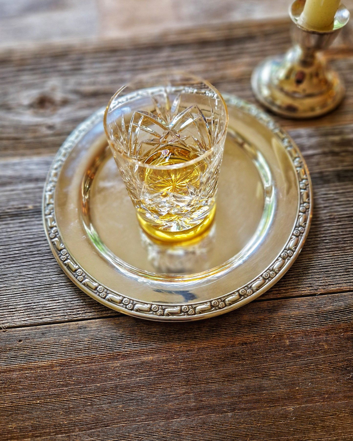 Mid-Century Oneida Plate & English Candlestick | Versatile 1960s Silver Plate for Bar Cart, Entry Way