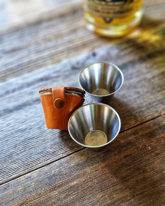 Sleek Mid-Century Set of 4 Stainless Steel Stirrup Cups in Leather Case 