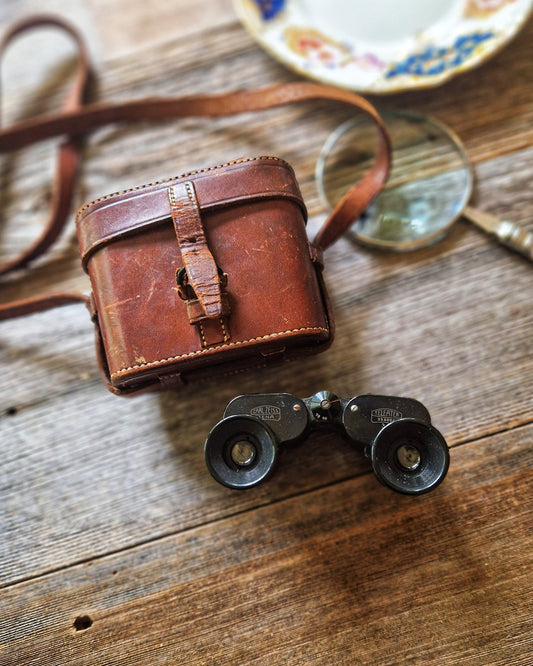1920s Zeiss Jena Teleater 3x Binoculars in Monogrammed Leather Case by C.W. Dixey, London
