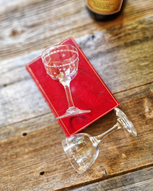 Pair of English Hand-Blown Port Glasses from Mid-1800s | Starburst Design, Victorian Antique Barware