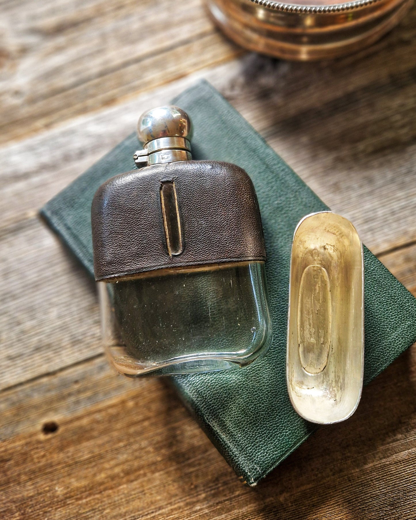 1930s James Dixon Hip Flask | 5 Inch Silver Plate & Leather Pocket Flask with Bayonet Cap & Removable Cup, Model 583A