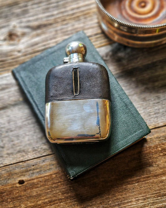 1930s James Dixon Hip Flask | 5 Inch Silver Plate & Leather Pocket Flask with Bayonet Cap & Removable Cup, Model 583A