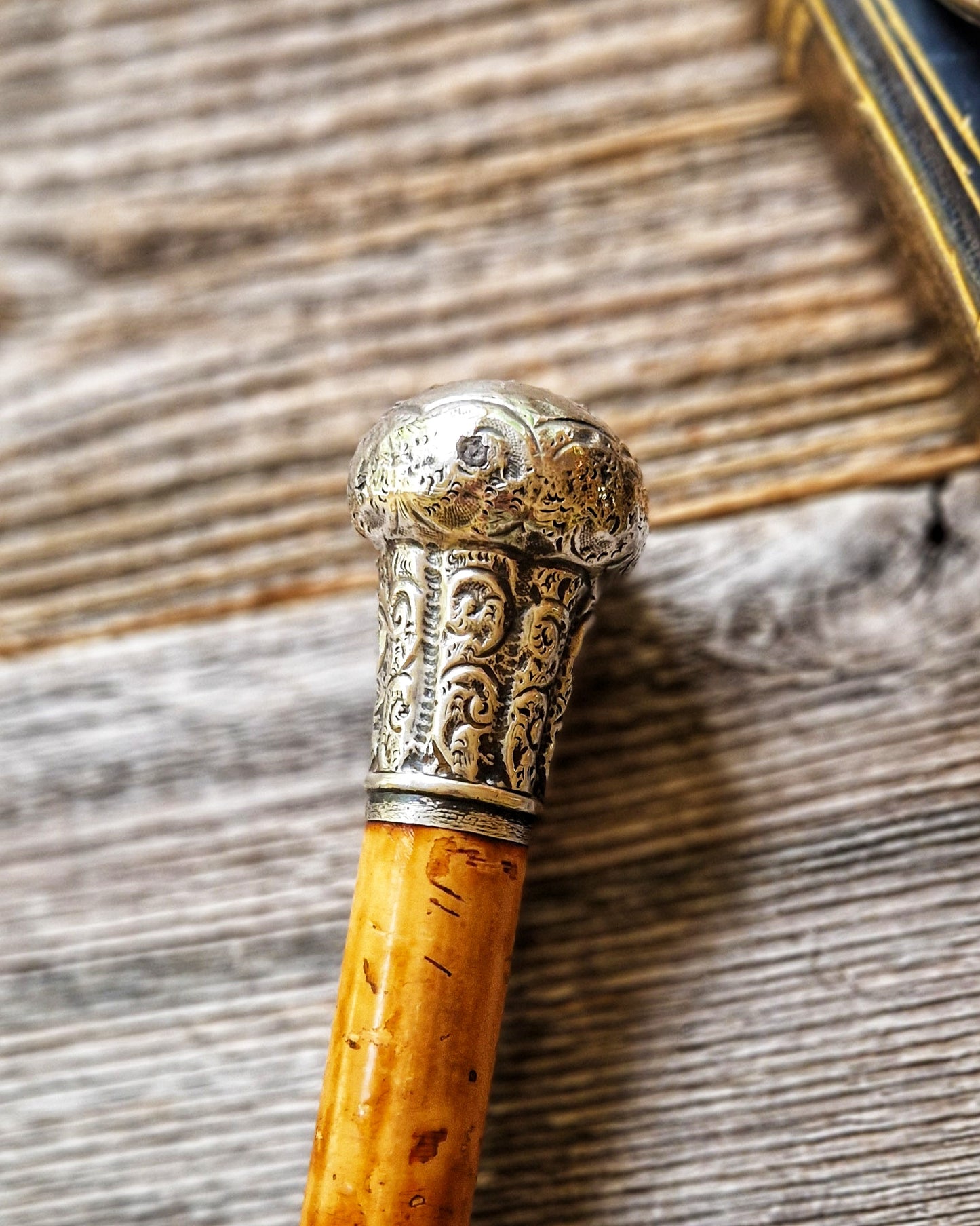 Edwardian Walking Cane with Silver-Plated Pommel Top and Malacca Shaft | Early 1900s Antique English Walking Stick