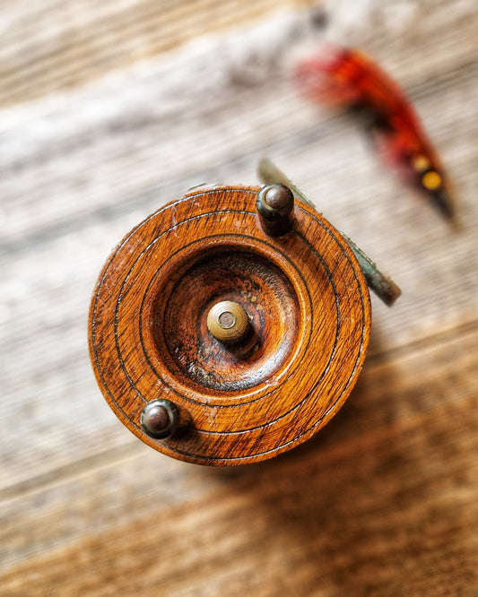 Early 1900s Nottingham Fishing Reel | 3-Inch Wood & Brass Antique Reel with Ebonite Handles