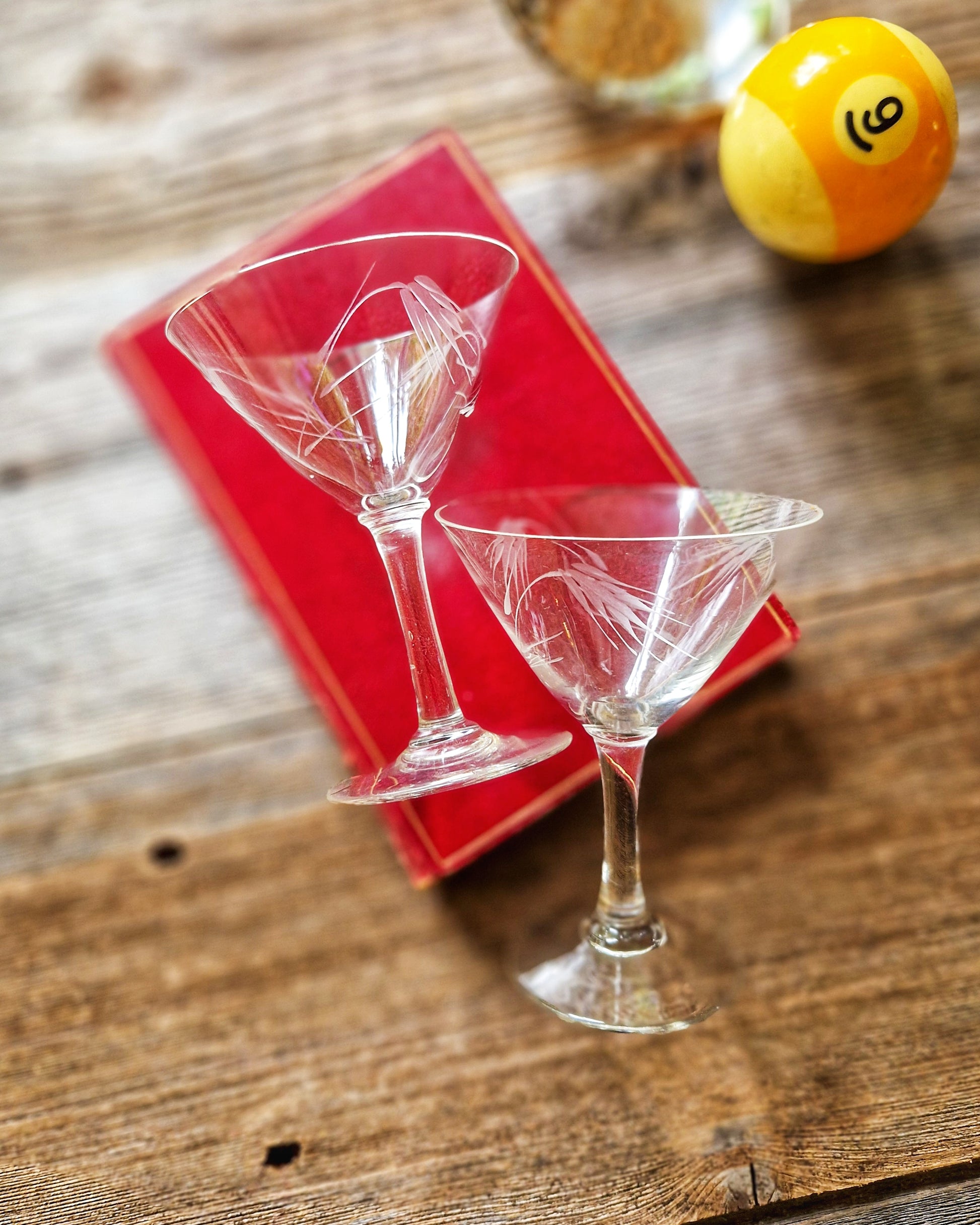 Mid-Century Wheat-Etched Mini Coupes by Sasaki (Pair) | Vintage Cocktail Glasses, Japan Barware