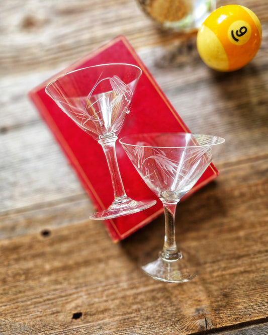 Mid-Century Wheat-Etched Mini Coupes by Sasaki (Pair) | Vintage Cocktail Glasses, Japan Barware