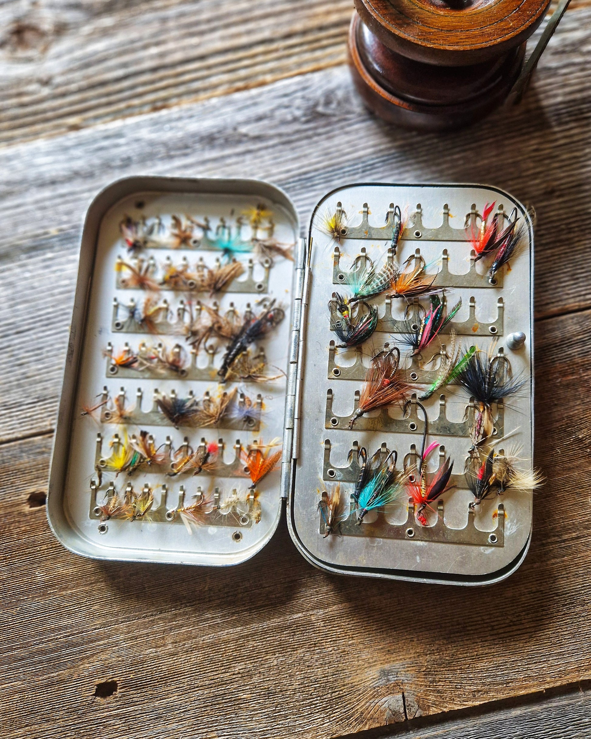 Large Wheatley Fly Box with 70+ Trout & Salmon Flies | Vintage Mid-Century Silmalloy Clip Case