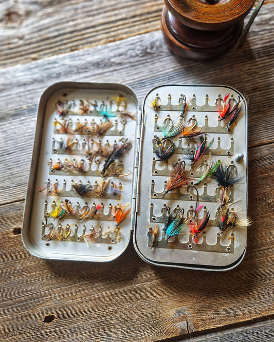 Large Wheatley Fly Box with 70+ Trout & Salmon Flies | Vintage Mid-Century Silmalloy Clip Case