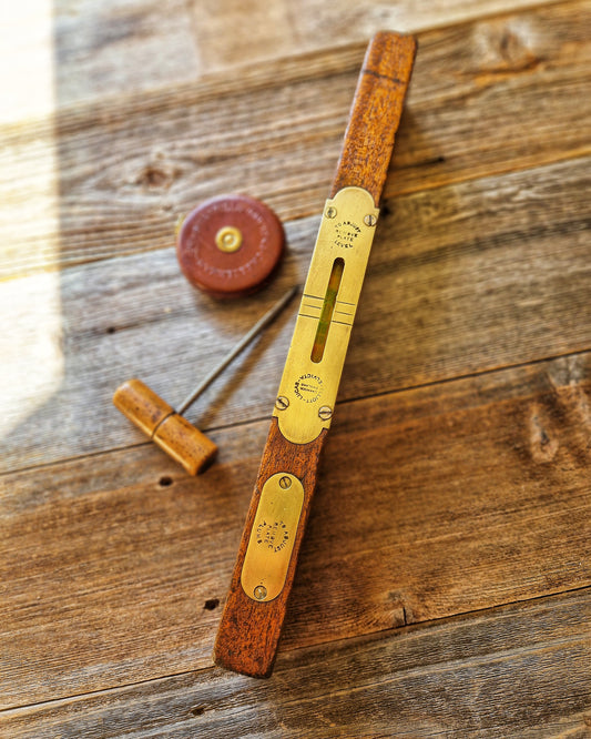 1950s Elvicta 15-Inch Spirit Level in Mahogany & Brass | Vintage English Tool by Elliott Lucas
