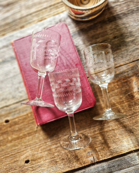 Trio of Edwardian Port Glasses c.1900–1915 | Greek Key Etched Design, English Antique Barware