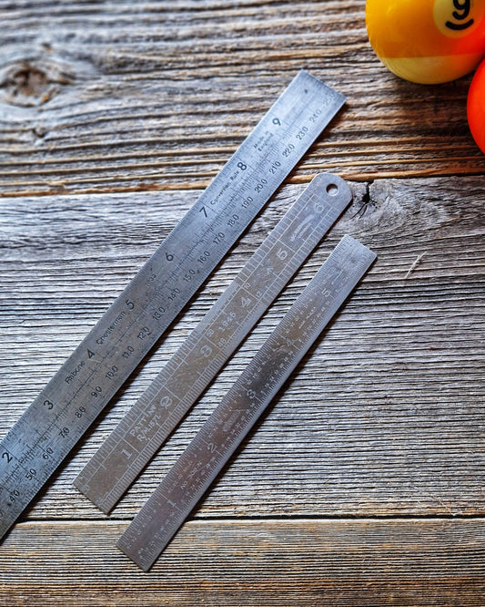 Set of 3 Mid-Century Steel Rules incl. 1945 ABC Military Issue | Vintage British & American Measuring Tools