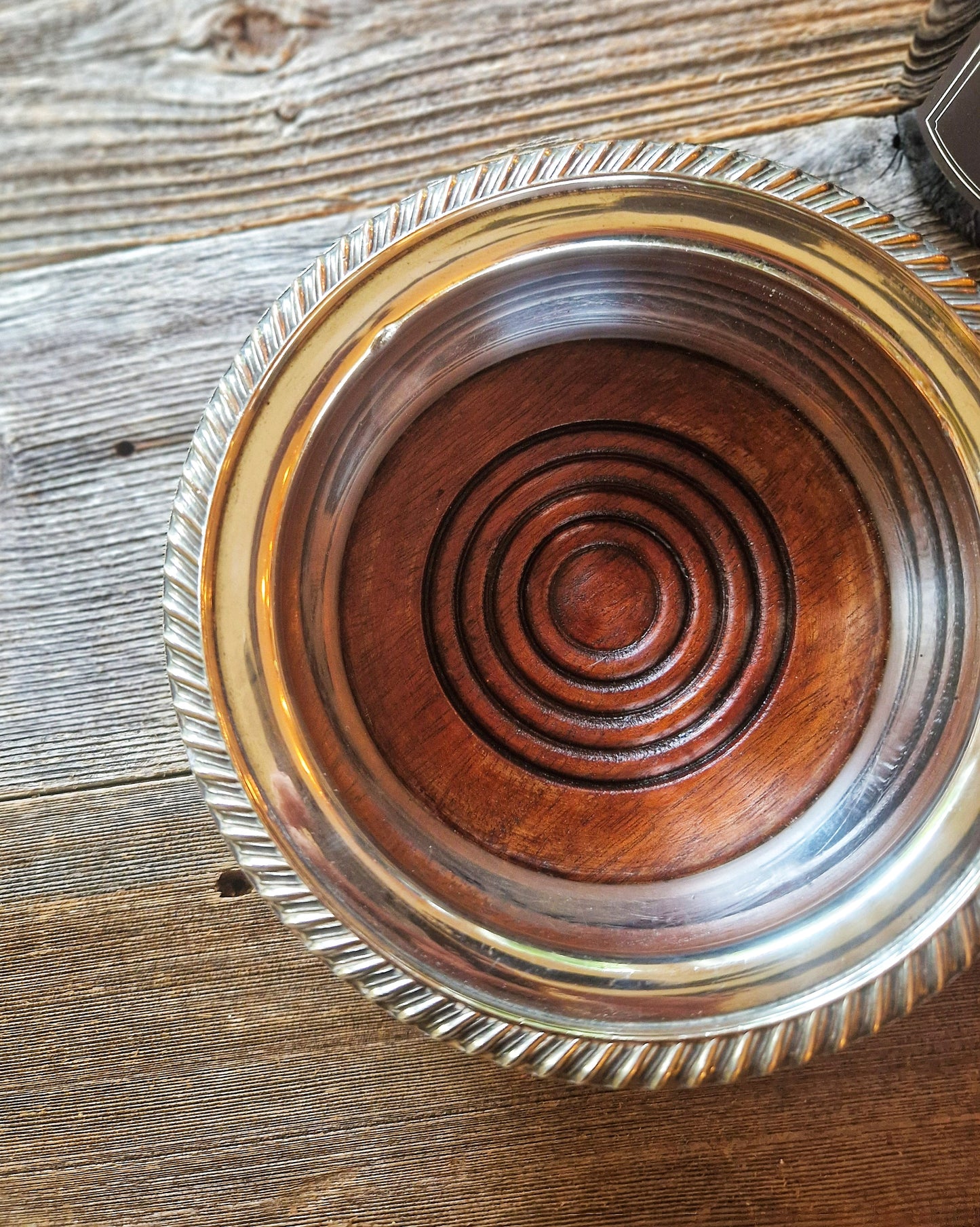 Large English Silver-Plated Wine Coaster | 6-5/8" Vintage Coaster with Rope-Twist Rim and Hardwood Base