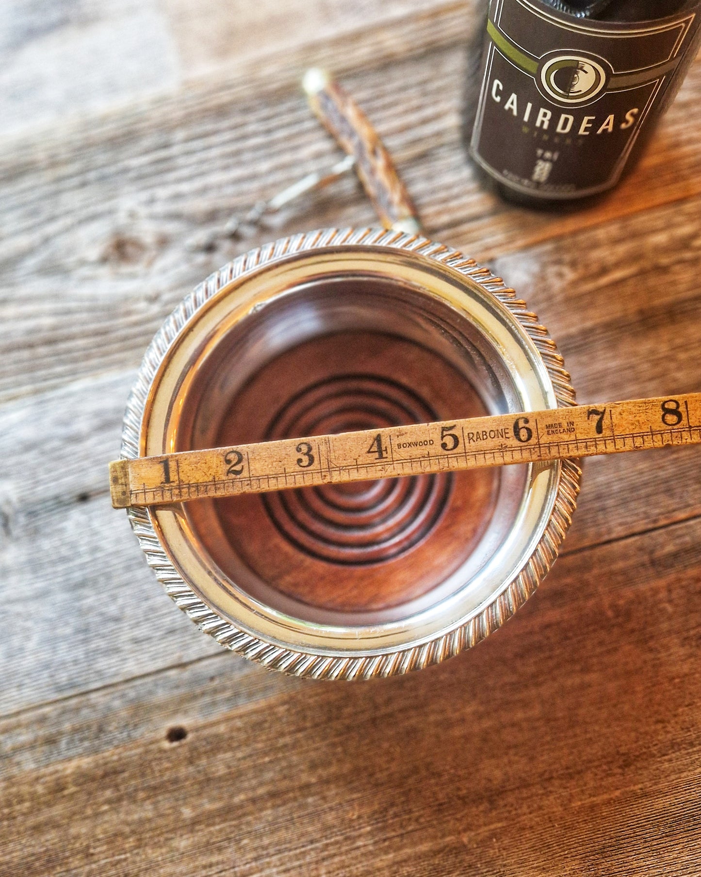 Large English Silver-Plated Wine Coaster | 6-5/8" Vintage Coaster with Rope-Twist Rim and Hardwood Base