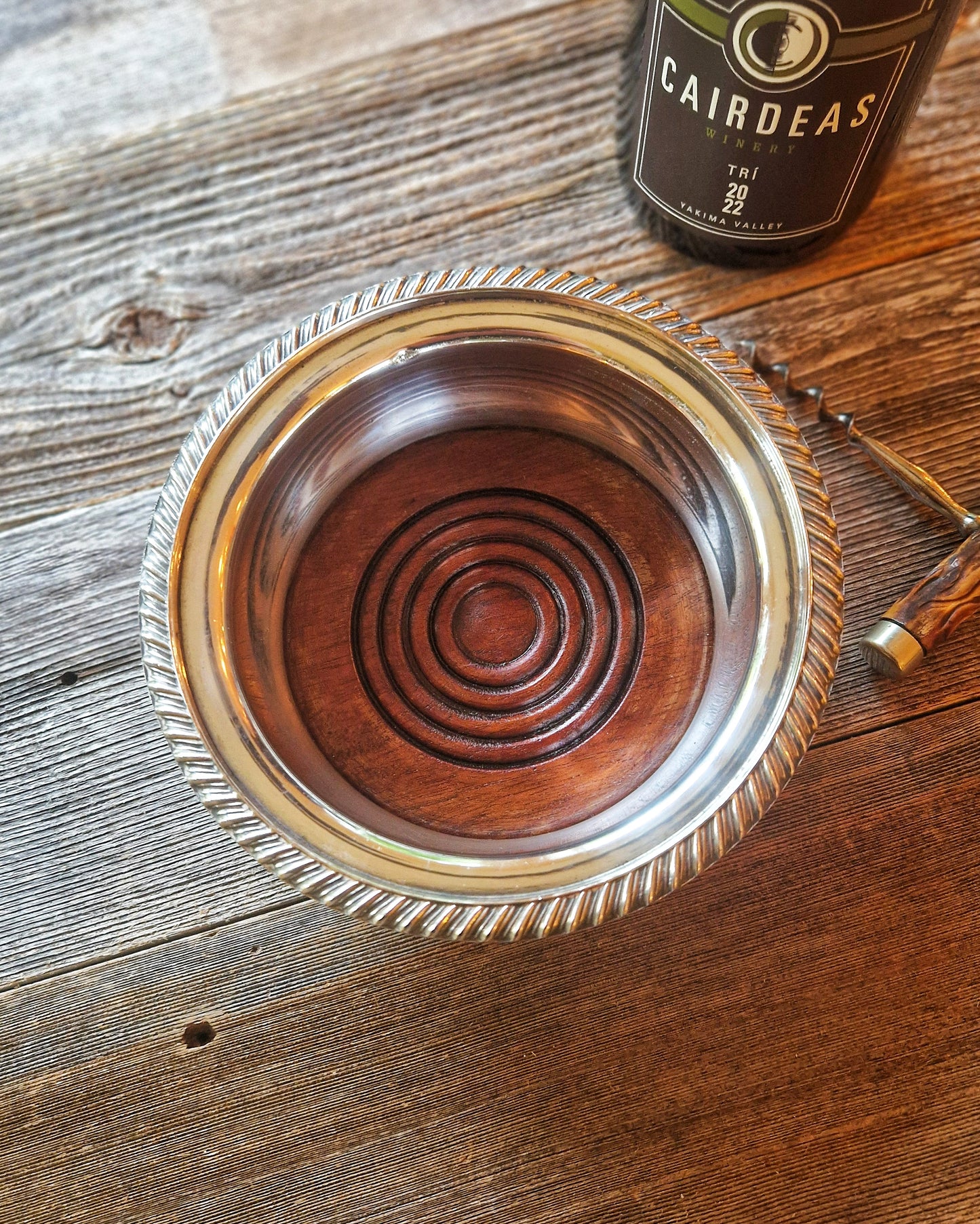 Large English Silver-Plated Wine Coaster | 6-5/8" Vintage Coaster with Rope-Twist Rim and Hardwood Base