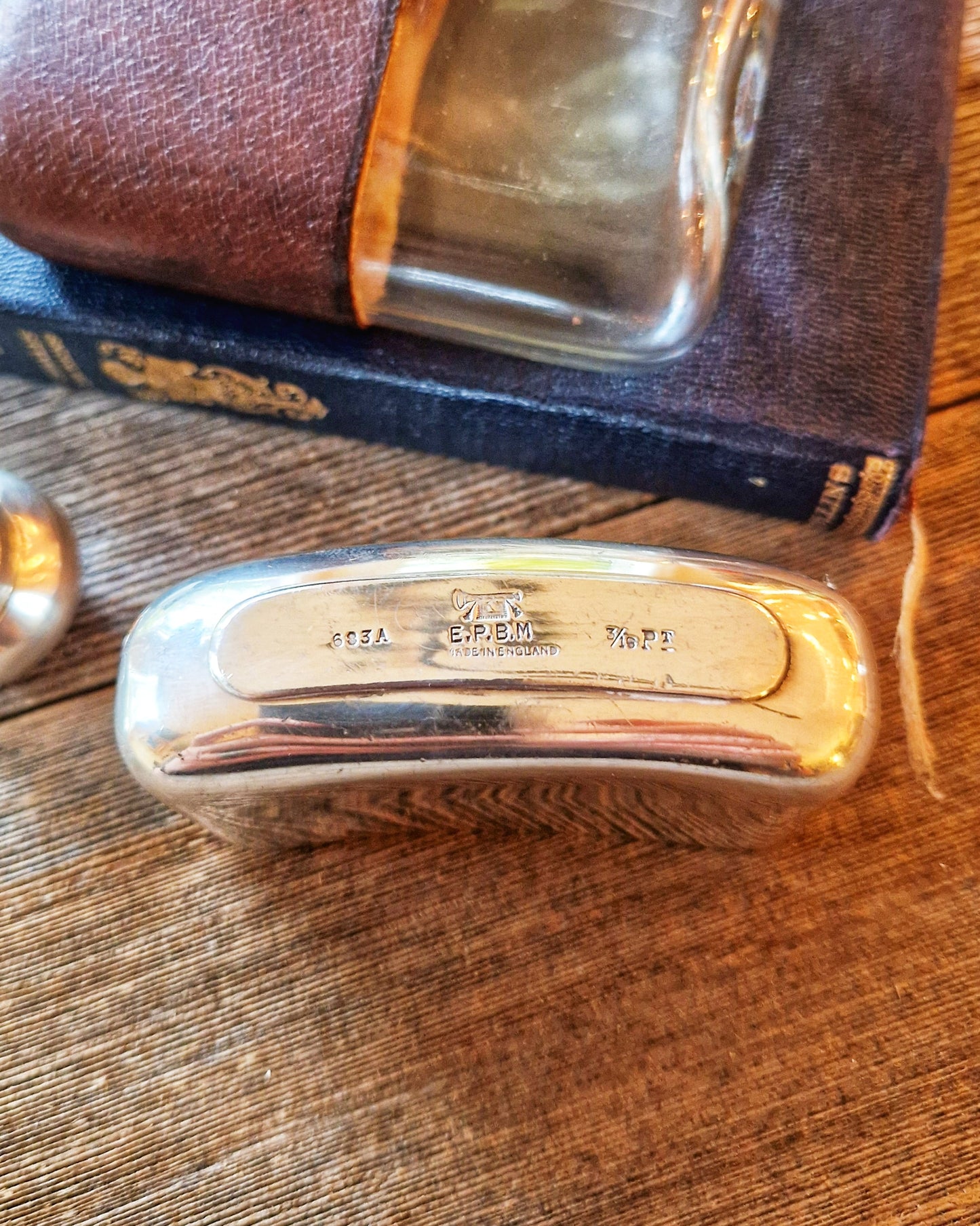 English Silver Plate & Leather Hip Flask by James Dixon  | 5-1/4 Inch Pocket Flask, Model 683A