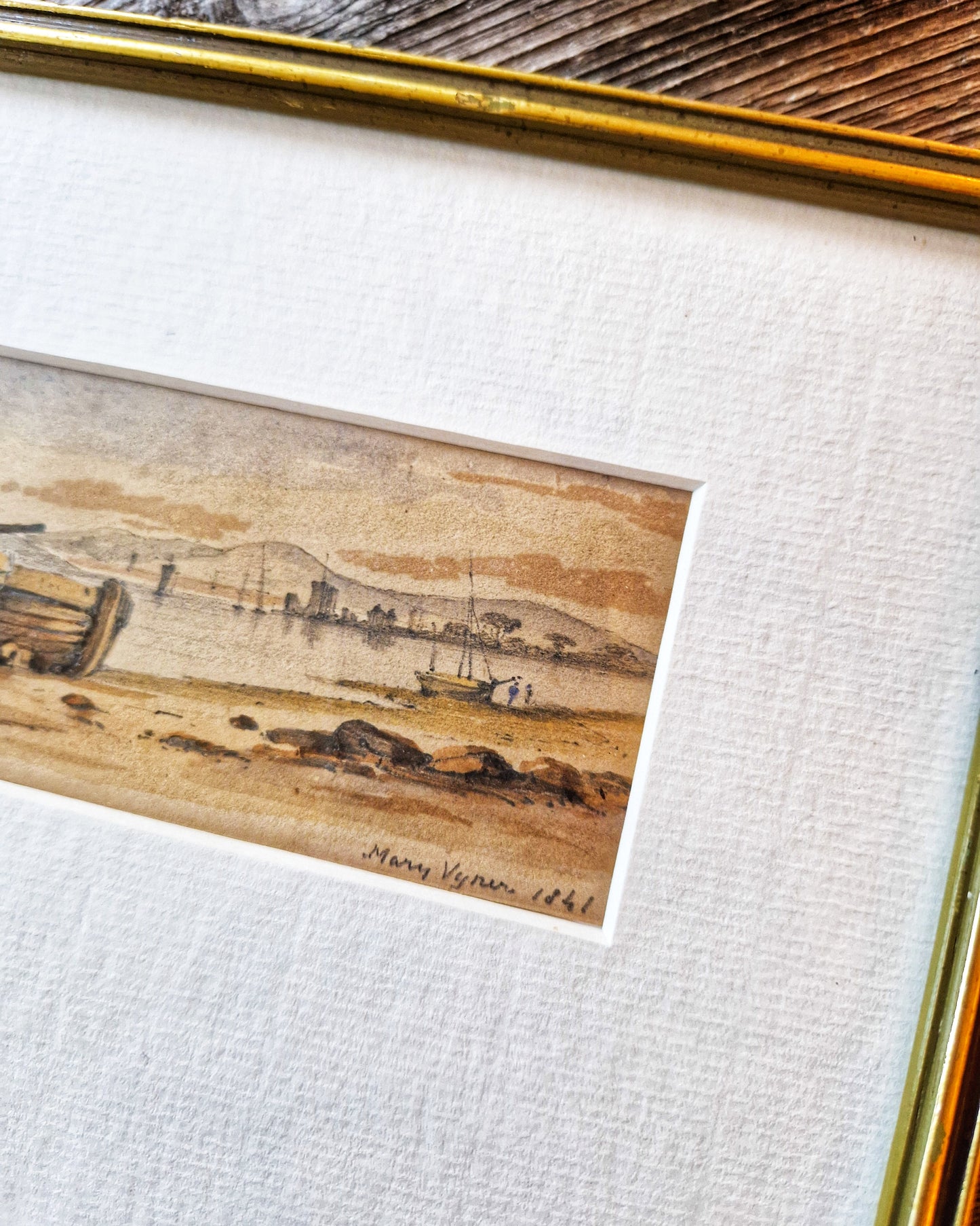 Victorian 1841 Coastal Watercolor Painting in 6-1/2 x 9-1/2 Frame | Antique English Maritime Art