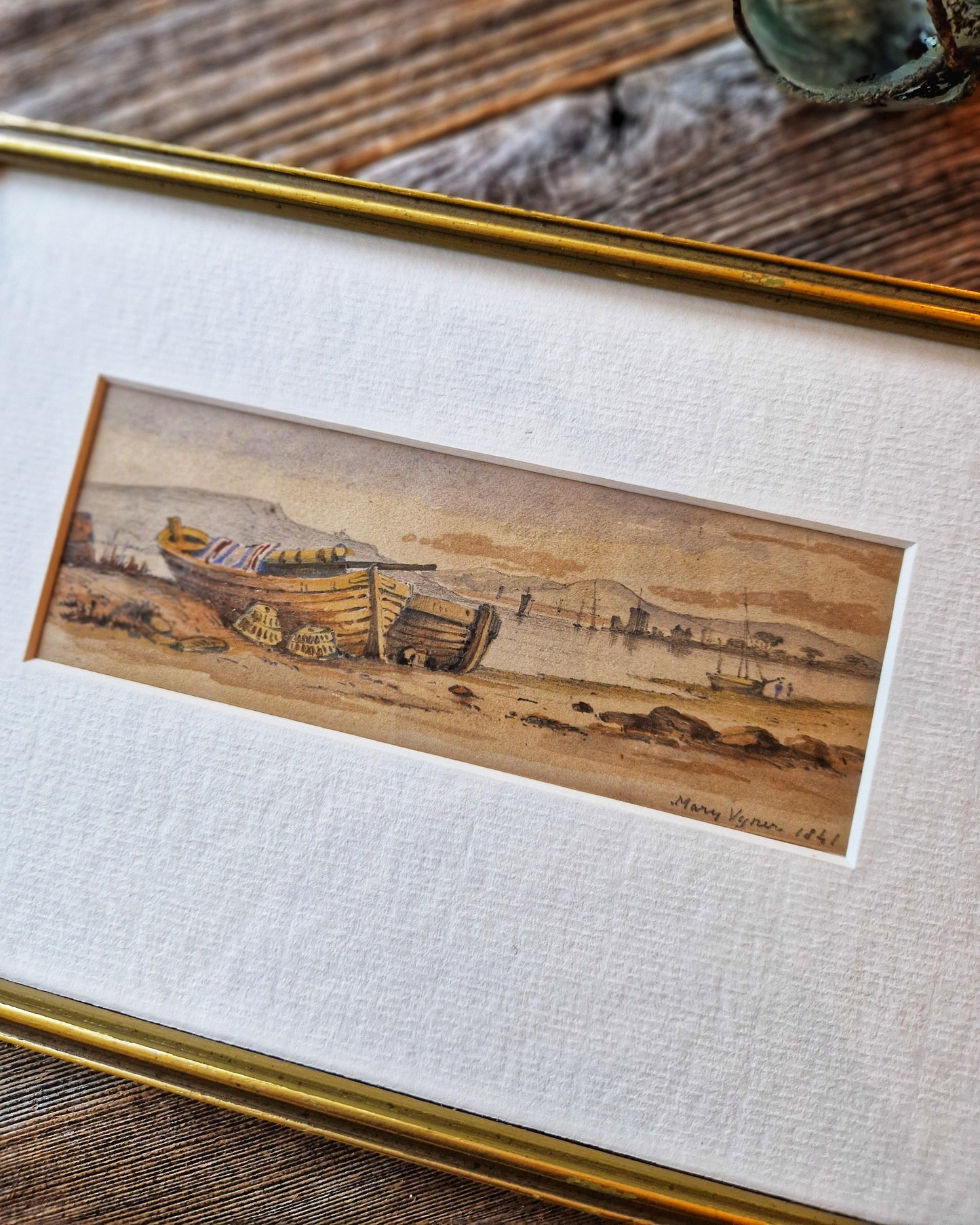 Victorian 1841 Coastal Watercolor Painting in 6-1/2 x 9-1/2 Frame | Antique English Maritime Art