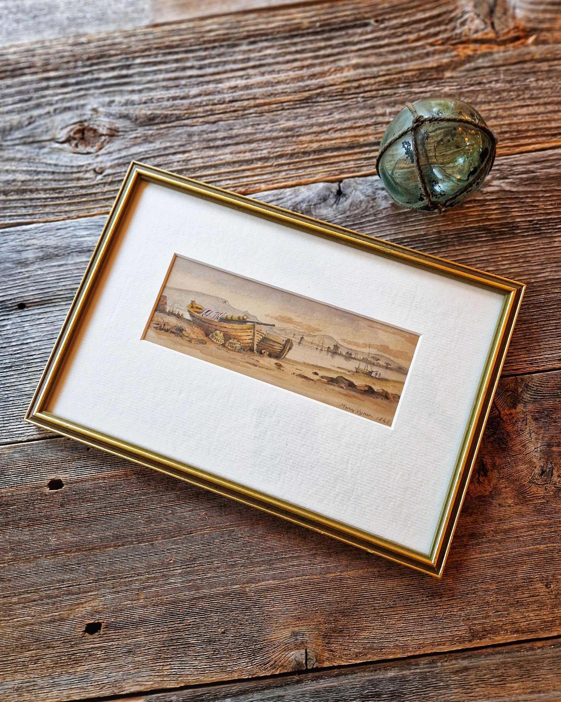 Victorian 1841 Coastal Watercolor Painting in 6-1/2 x 9-1/2 Frame | Antique English Maritime Art