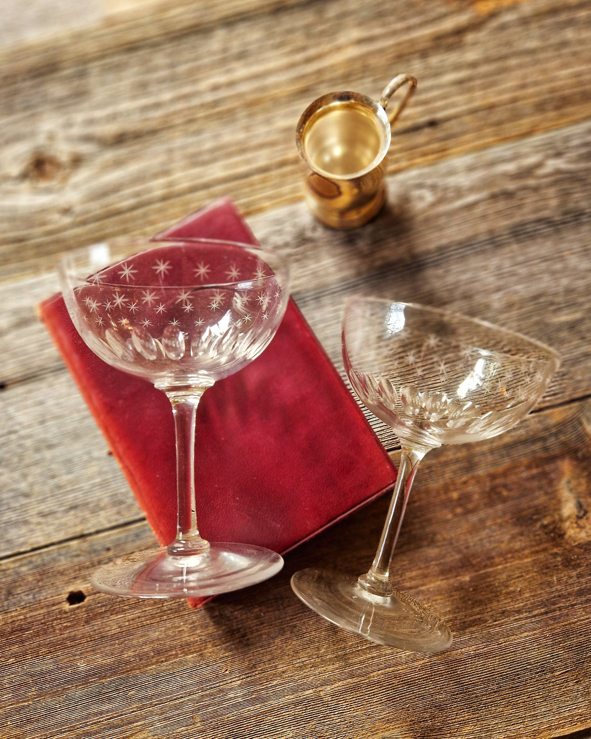 Hand-Blown Antique Coupe Glasses (Pair) | Star-Engraved Victorian Coupes (1860-1880)
