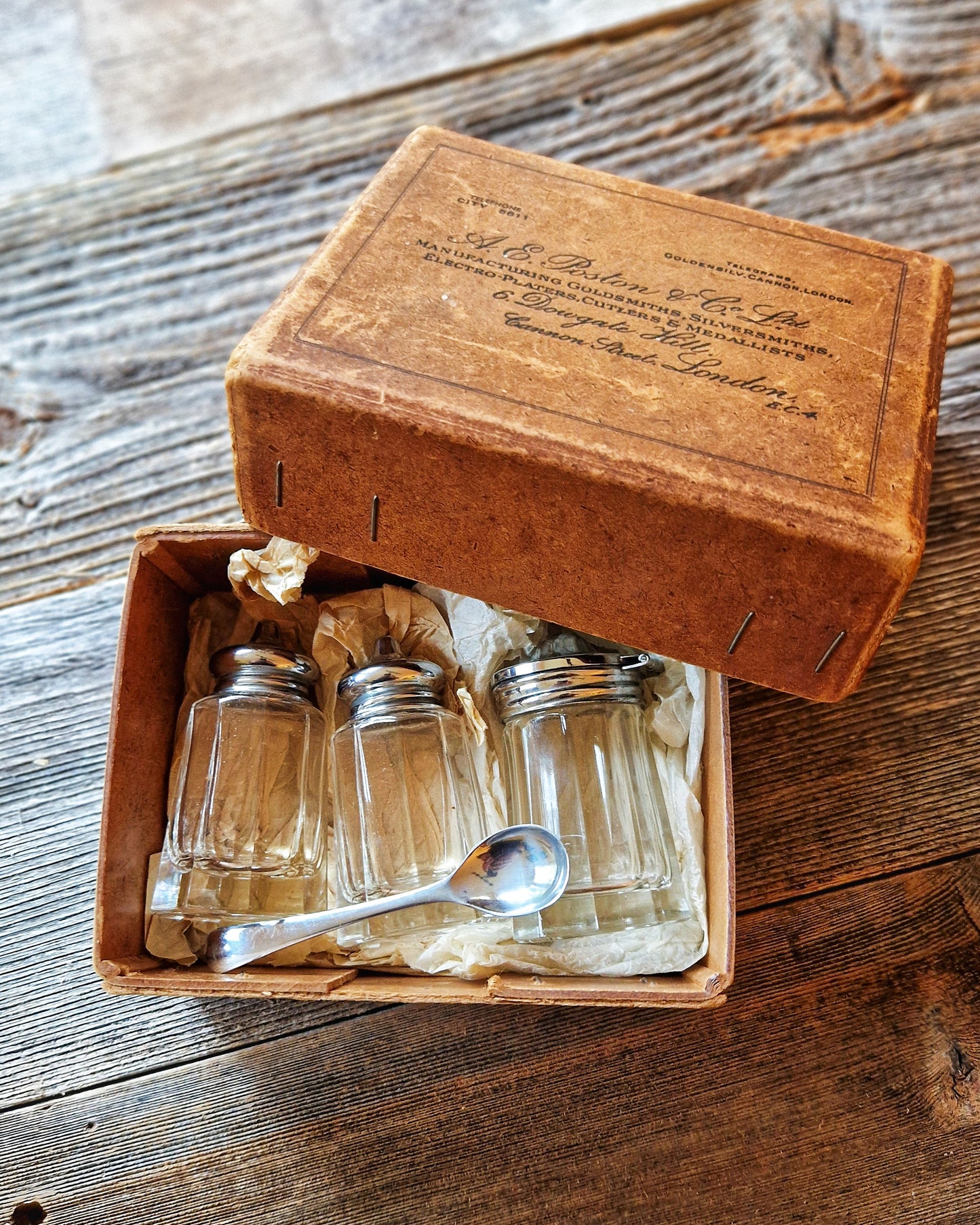 Vintage 1930s English Condiment Set by AE Poston | Original Box with Mustard Pot, Salt & Pepper Shakers