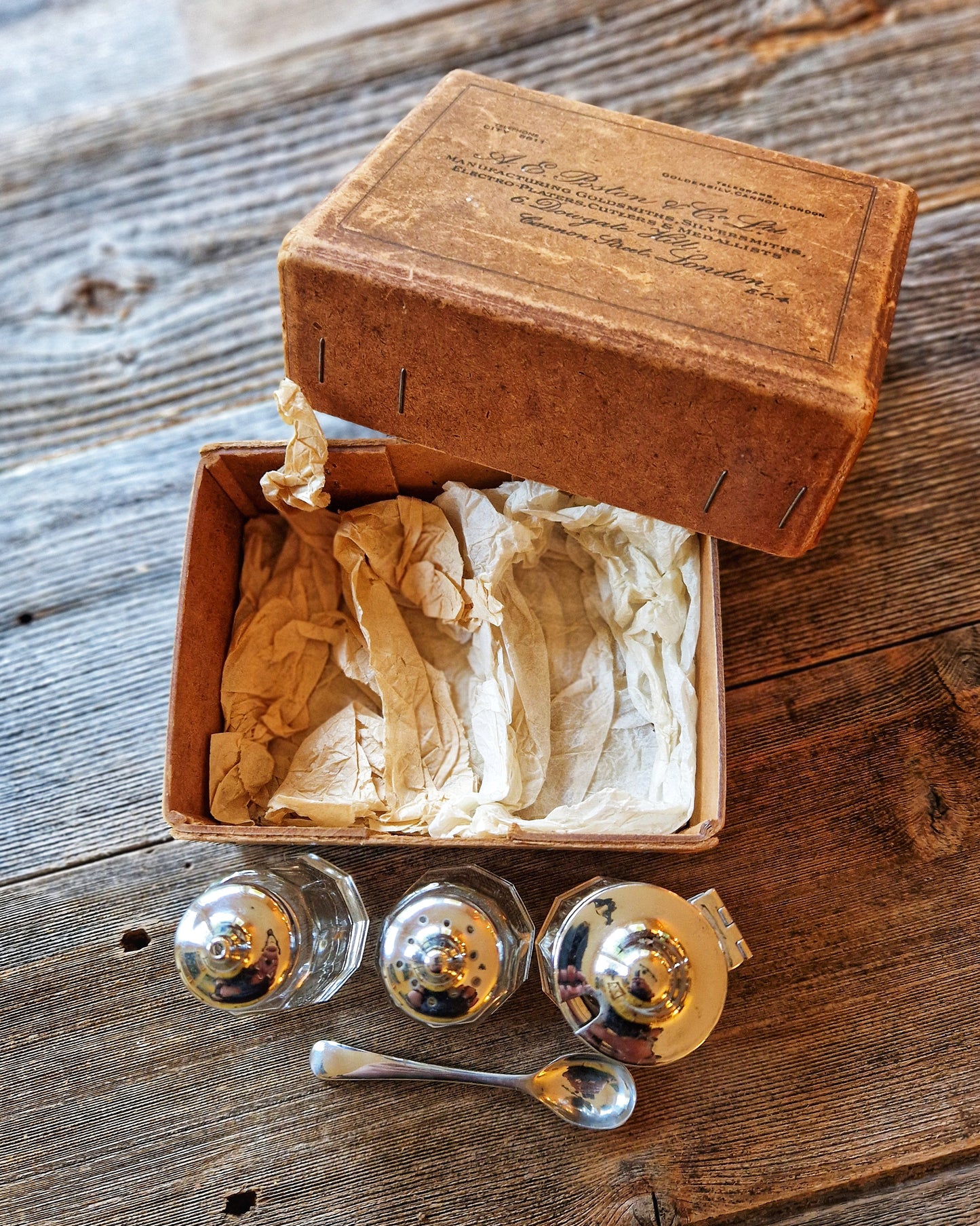 Vintage 1930s English Condiment Set by AE Poston | Original Box with Mustard Pot, Salt & Pepper Shakers