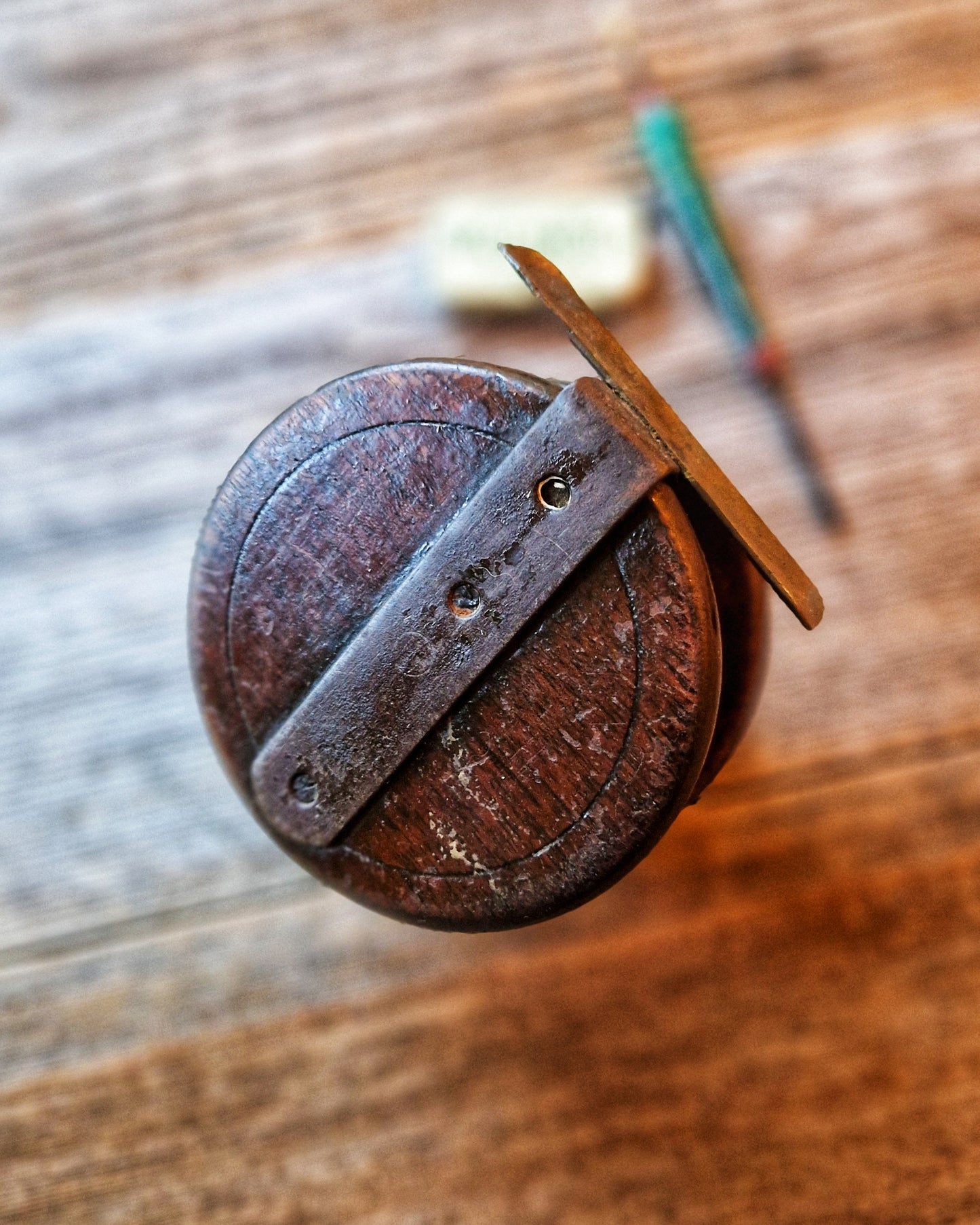 3-1/2-Inch Nottingham Reel with Bone Handles | Antique Wood & Brass English Fishing Tackle c. 1880-1910