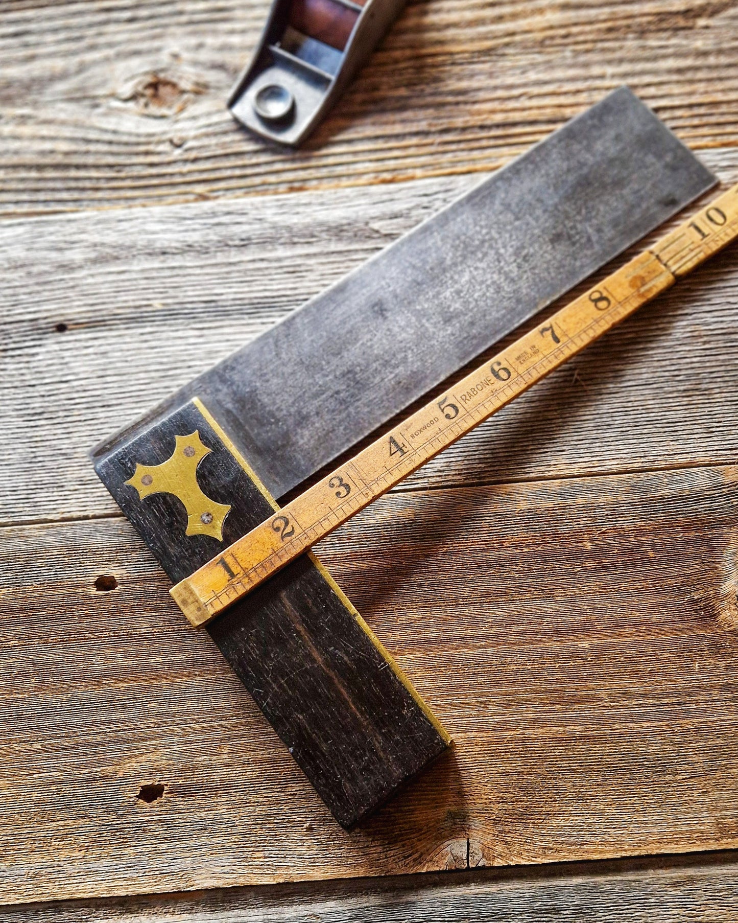 10-3/4-Inch English Try Square, c. 1890-1910 | Ebonized Wood & Steel Woodworking Tool with Brass Inlay