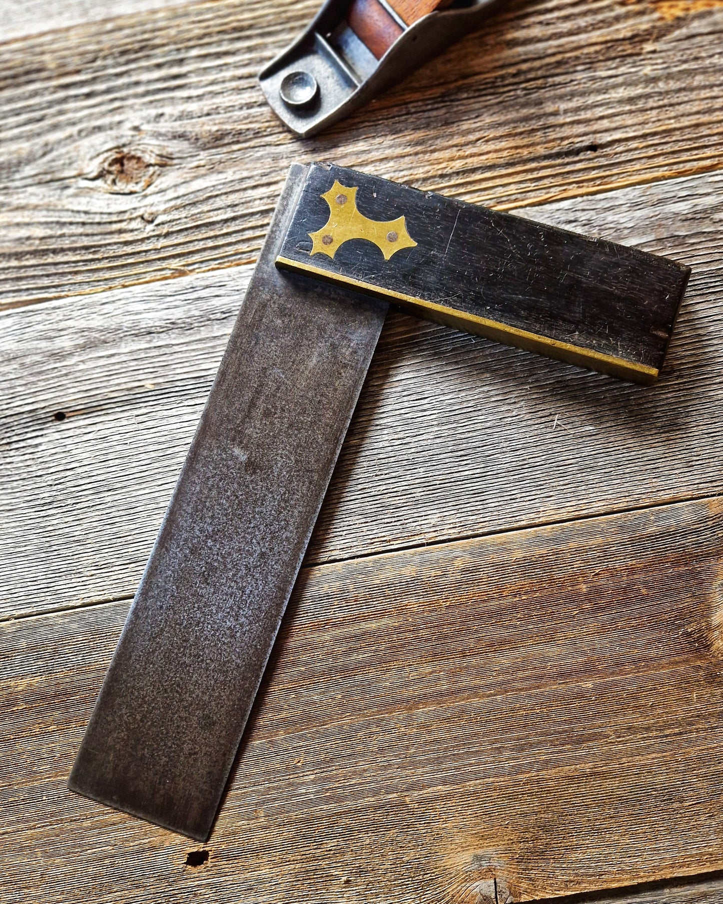 10-3/4-Inch English Try Square, c. 1890-1910 | Ebonized Wood & Steel Woodworking Tool with Brass Inlay