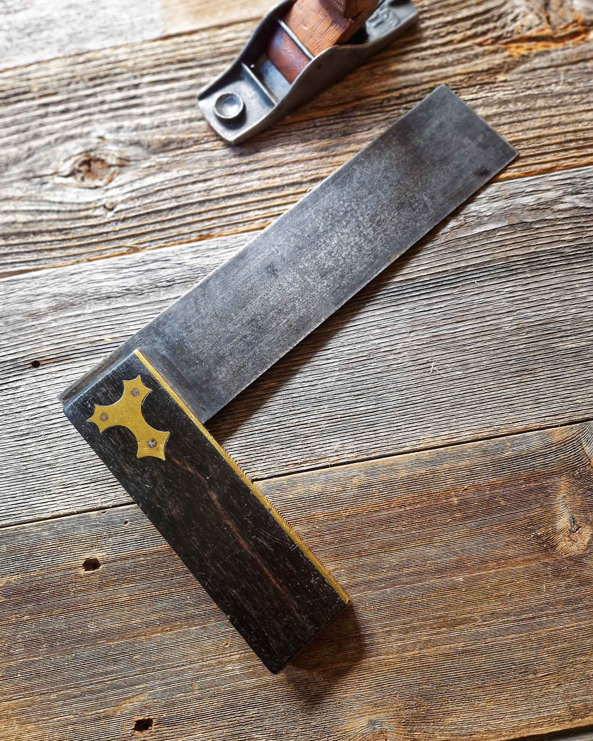 10-3/4-Inch English Try Square, c. 1890-1910 | Ebonized Wood & Steel Woodworking Tool with Brass Inlay