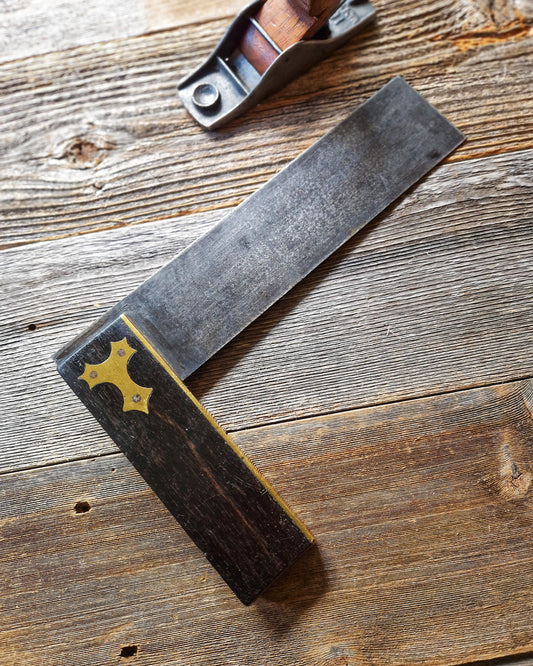 10-3/4-Inch English Try Square, c. 1890-1910 | Ebonized Wood & Steel Woodworking Tool with Brass Inlay