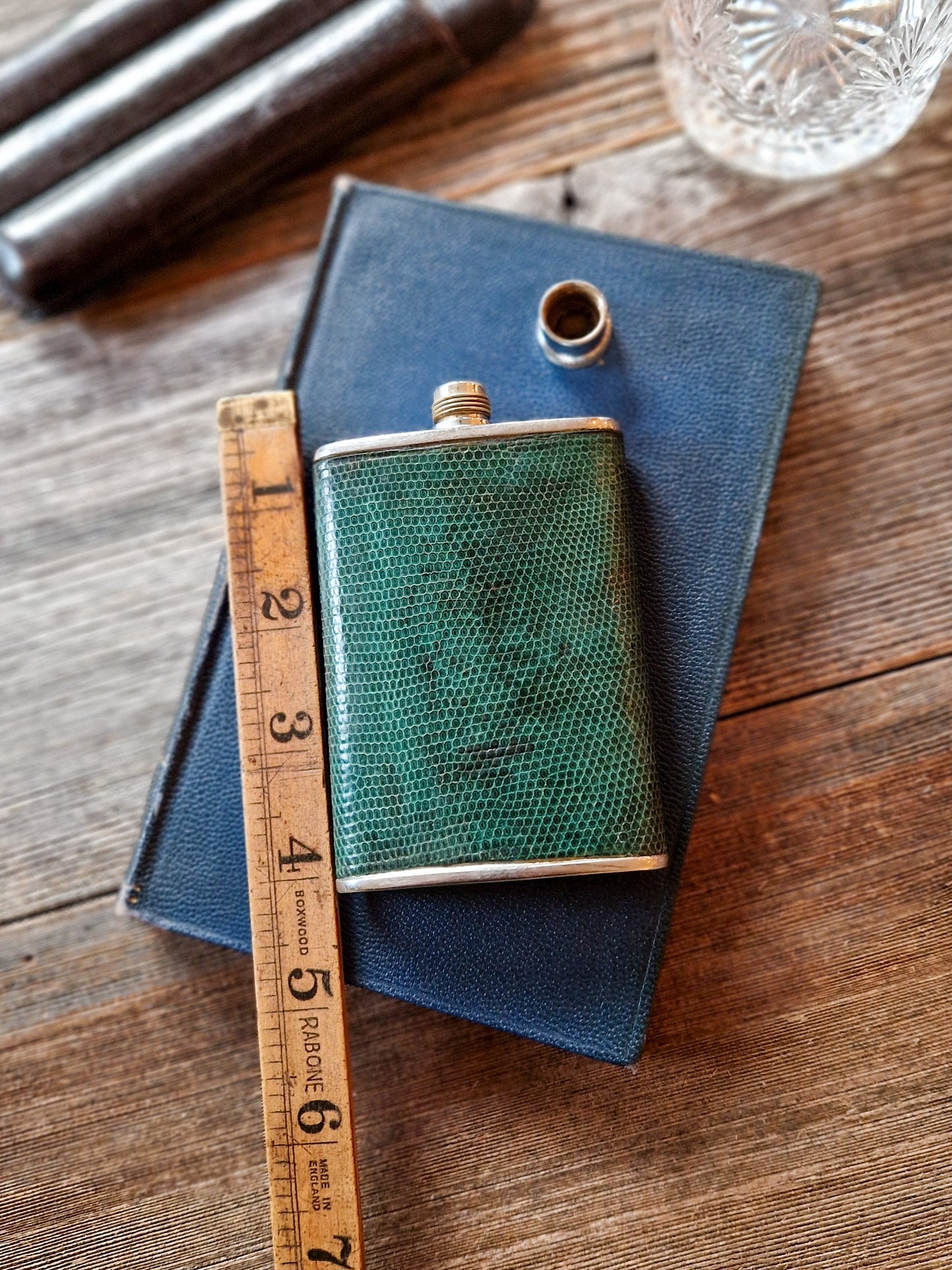 P. H. Vogel Shagreen Hip Flask | 4-inch Mid-Century English Pocket Flask in Green Sharkskin