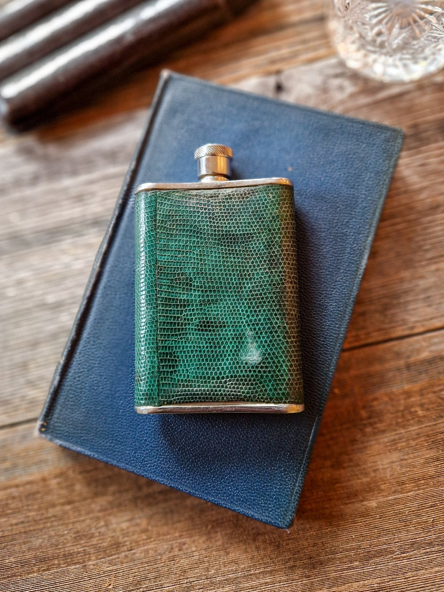 P. H. Vogel Shagreen Hip Flask | 4-inch Mid-Century English Pocket Flask in Green Sharkskin
